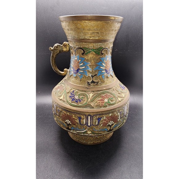 Vintage Heavy Brass Japanese Inlaid Cloisonné Missing 1 Handle Vase Made Japan - Picture 5 of 14